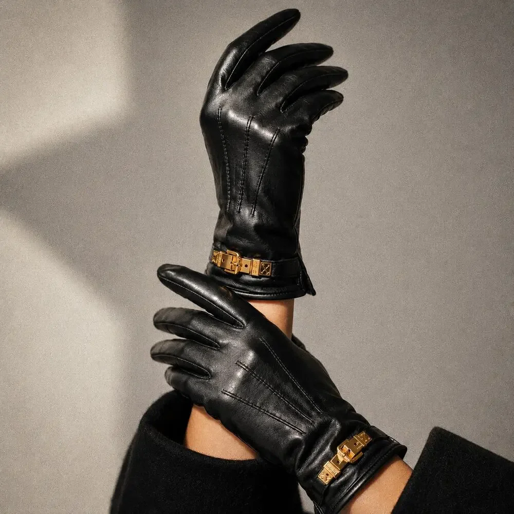 Miu Miu Black Leather 100% Lambskin Gold Buckle Strap Italy Logo Gloves